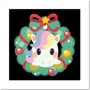 Unicorn with Christmas Wreath Graphic Posters and Art